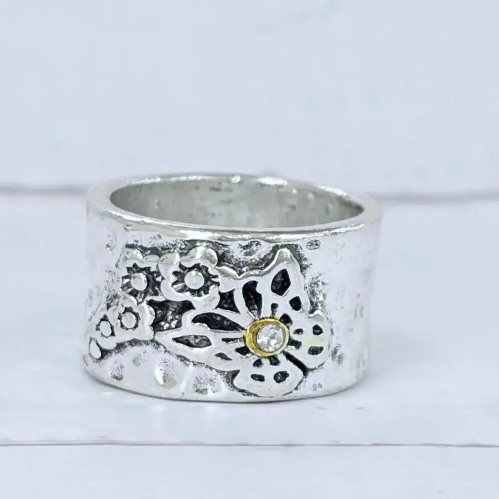 Hammered Band with Floral & Butterfly  Ring Size 5.5